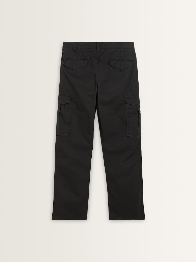 WES Casuals Black Relaxed-Fit Mid-Rise Cotton Trousers