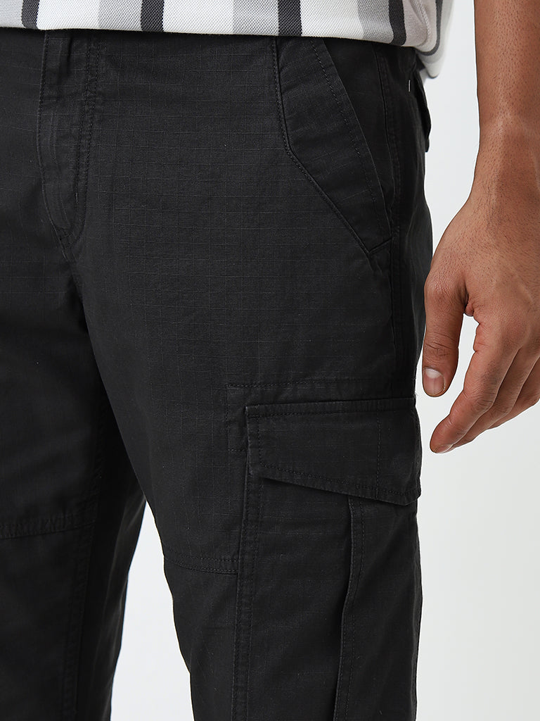 WES Casuals Black Relaxed-Fit Mid-Rise Cotton Trousers