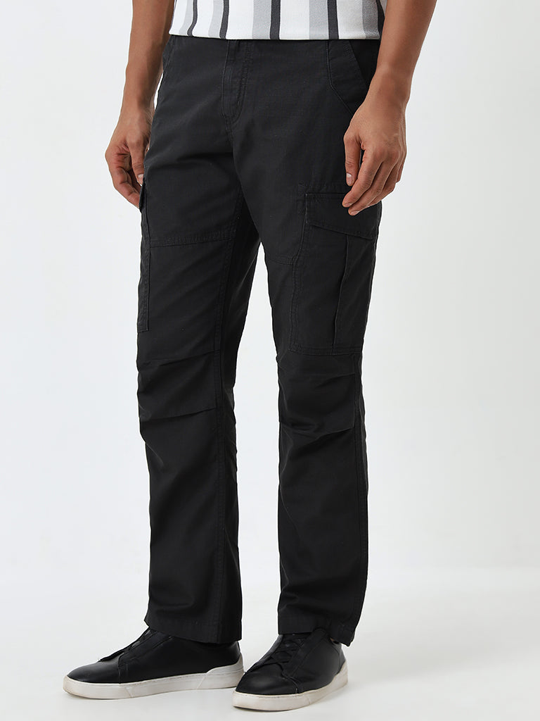 WES Casuals Black Relaxed-Fit Mid-Rise Cotton Trousers