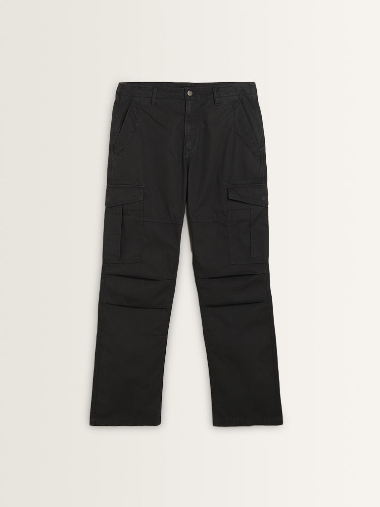 WES Casuals Black Relaxed-Fit Mid-Rise Cotton Trousers