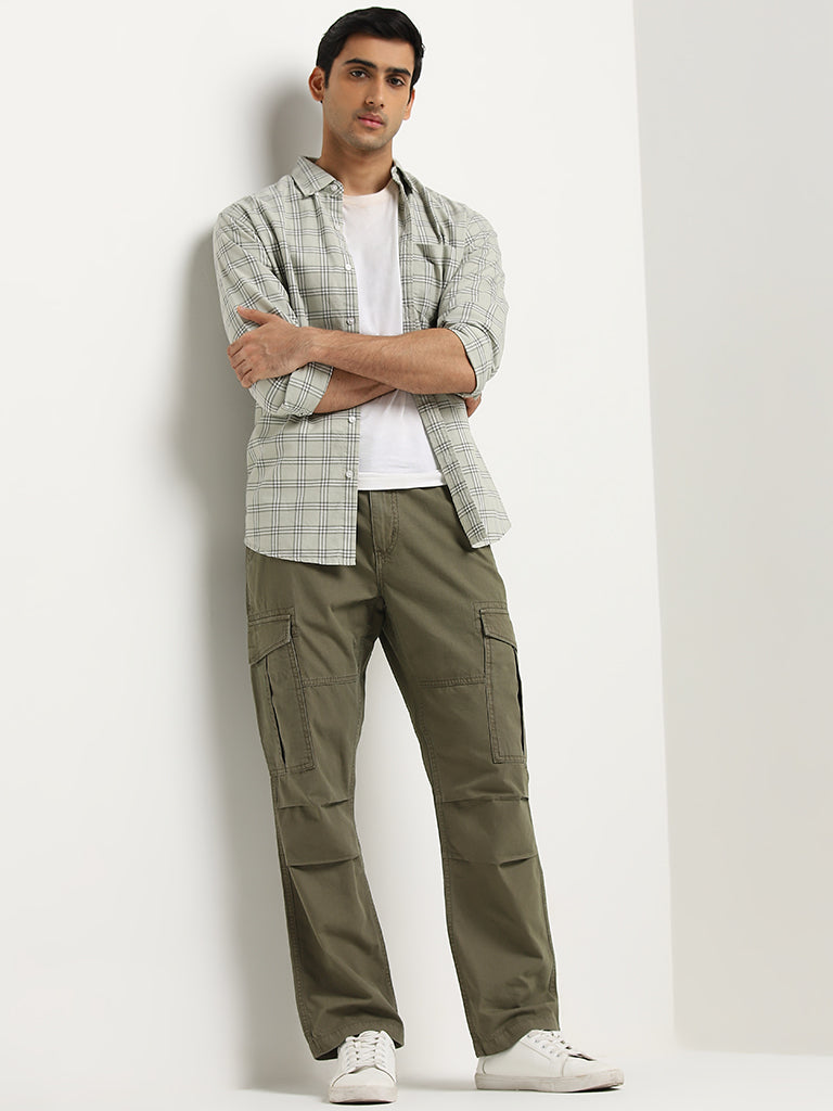 WES Casuals Olive Cargo-Style Relaxed-Fit Mid-Rise Trousers