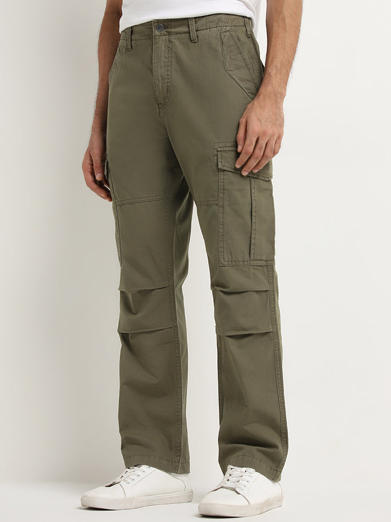 WES Casuals Olive Cargo-Style Relaxed-Fit Mid-Rise Trousers