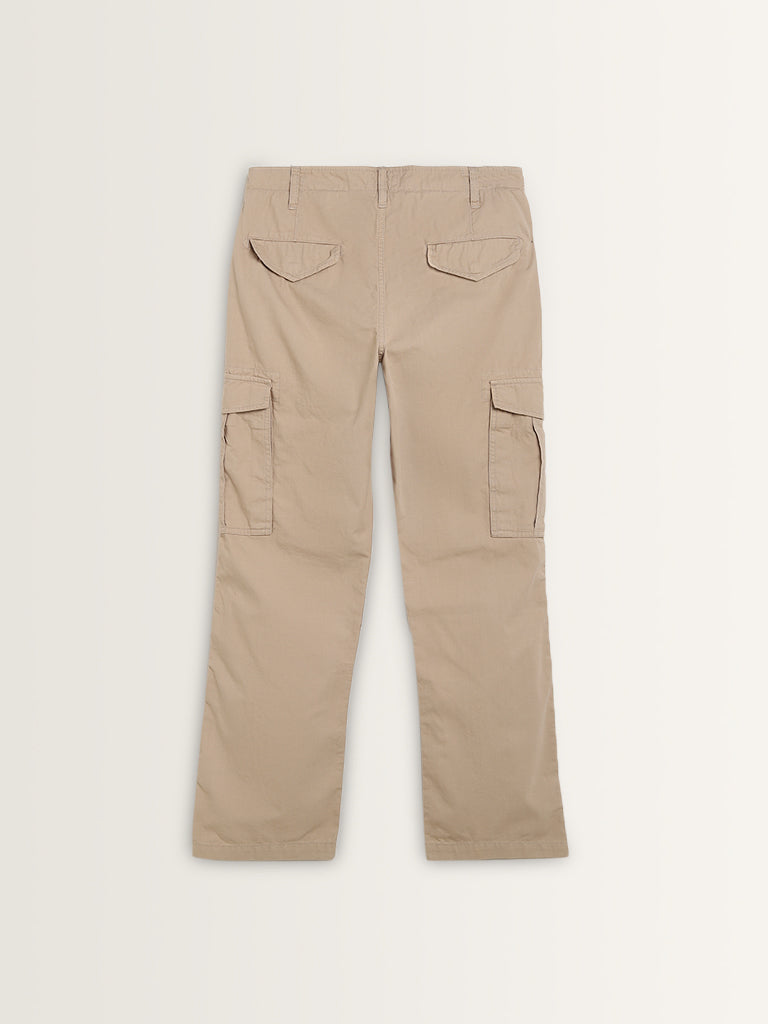 WES Casuals Beige Relaxed-Fit Mid-Rise Cotton Trousers