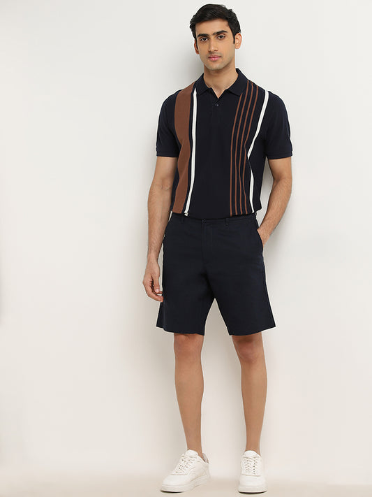 WES Casuals Navy Relaxed-Fit Mid-Rise Blended Linen Shorts