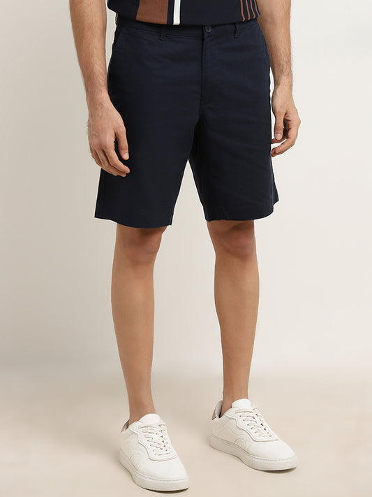 WES Casuals Navy Relaxed-Fit Mid-Rise Blended Linen Shorts