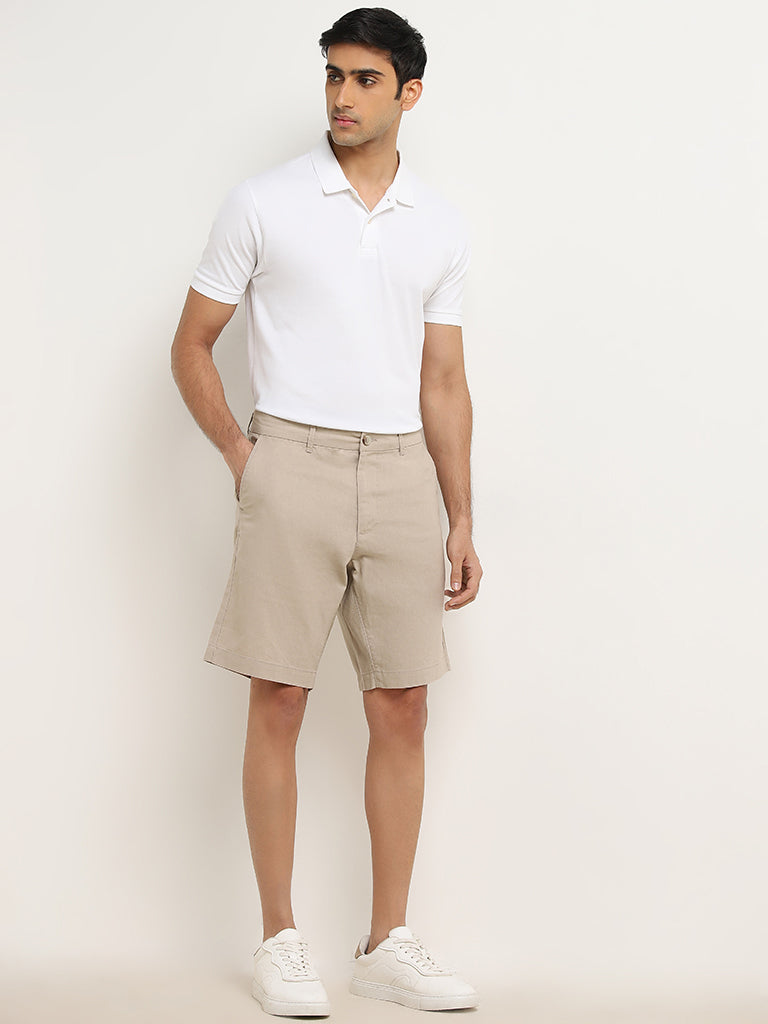 WES Casuals Beige Relaxed-Fit Mid-Rise Blended Linen Shorts