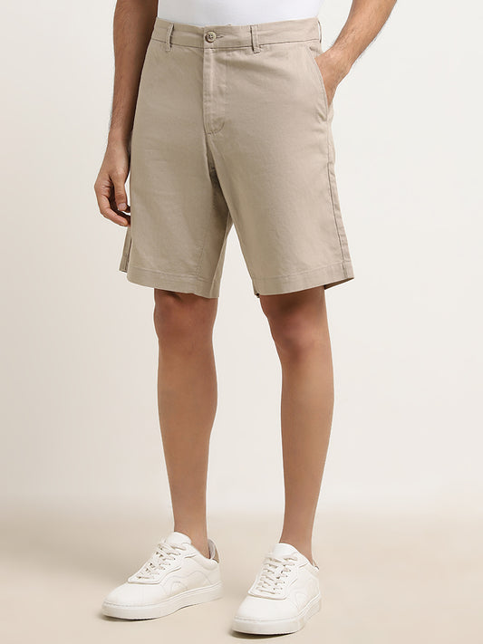WES Casuals Beige Relaxed-Fit Mid-Rise Blended Linen Shorts