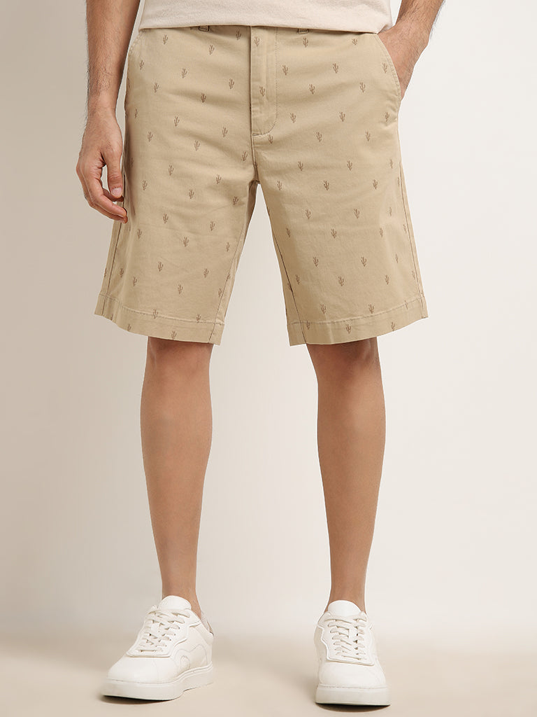 WES Casuals Beige Relaxed-Fit Mid-Rise Cotton Blend Shorts