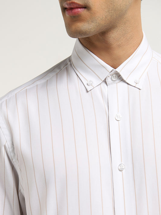 WES Formals Beige Pinstripe Design Relaxed-Fit Shirt