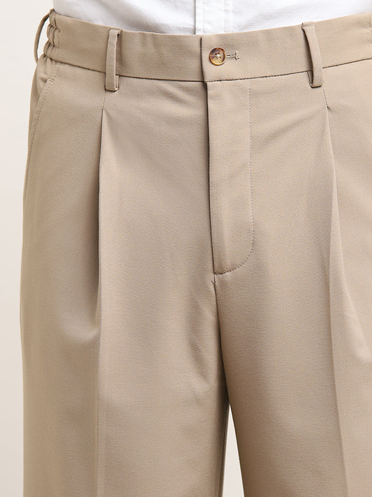 WES Formals Beige Relaxed-Fit Mid-Rise Trousers