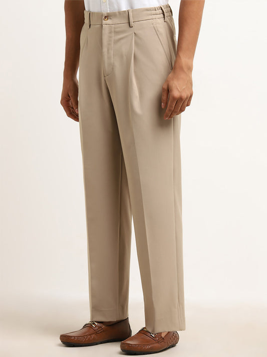 WES Formals Beige Relaxed-Fit Mid-Rise Trousers