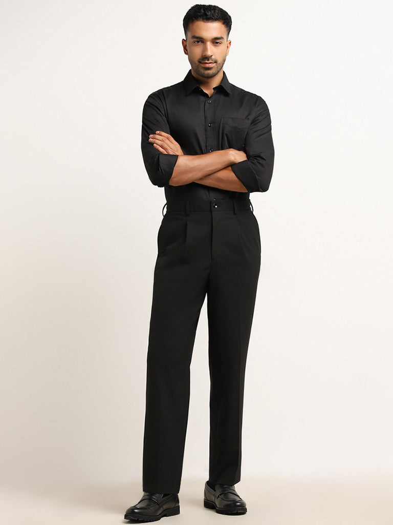 Buy WES Formals Black Relaxed-Fit Mid-Rise Trousers from Westside