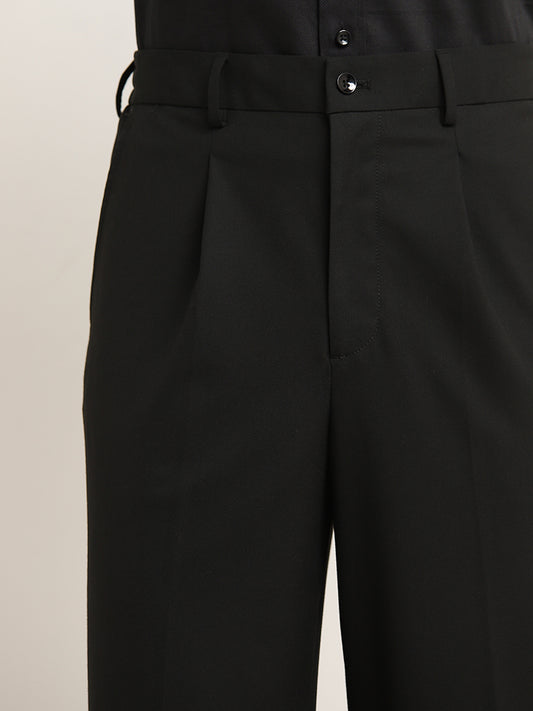 WES Formals Black Relaxed-Fit Mid-Rise Trousers