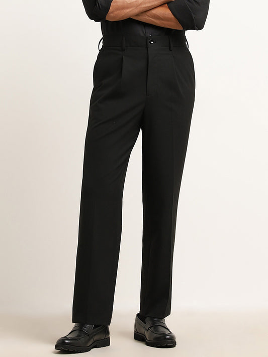 WES Formals Black Relaxed-Fit Mid-Rise Trousers
