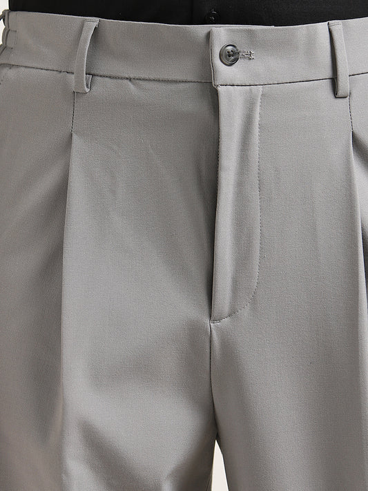WES Formals Grey Relaxed-Fit Mid-Rise Trousers
