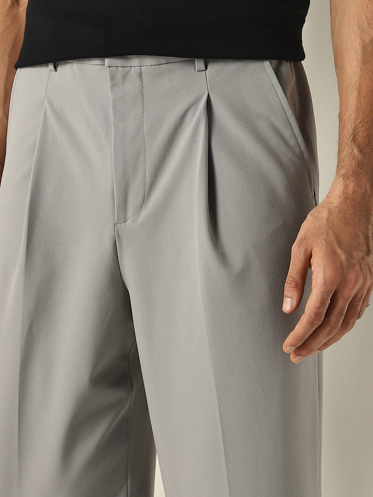 WES Formals Grey Relaxed-Fit Mid-Rise Trousers