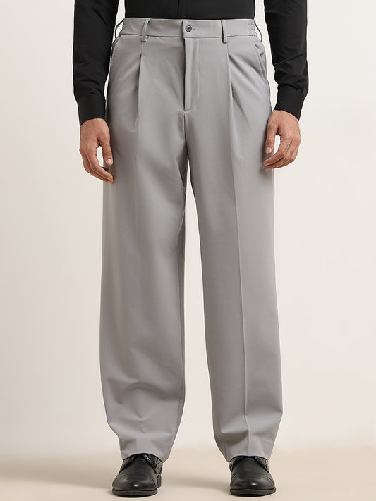 WES Formals Grey Relaxed-Fit Mid-Rise Trousers