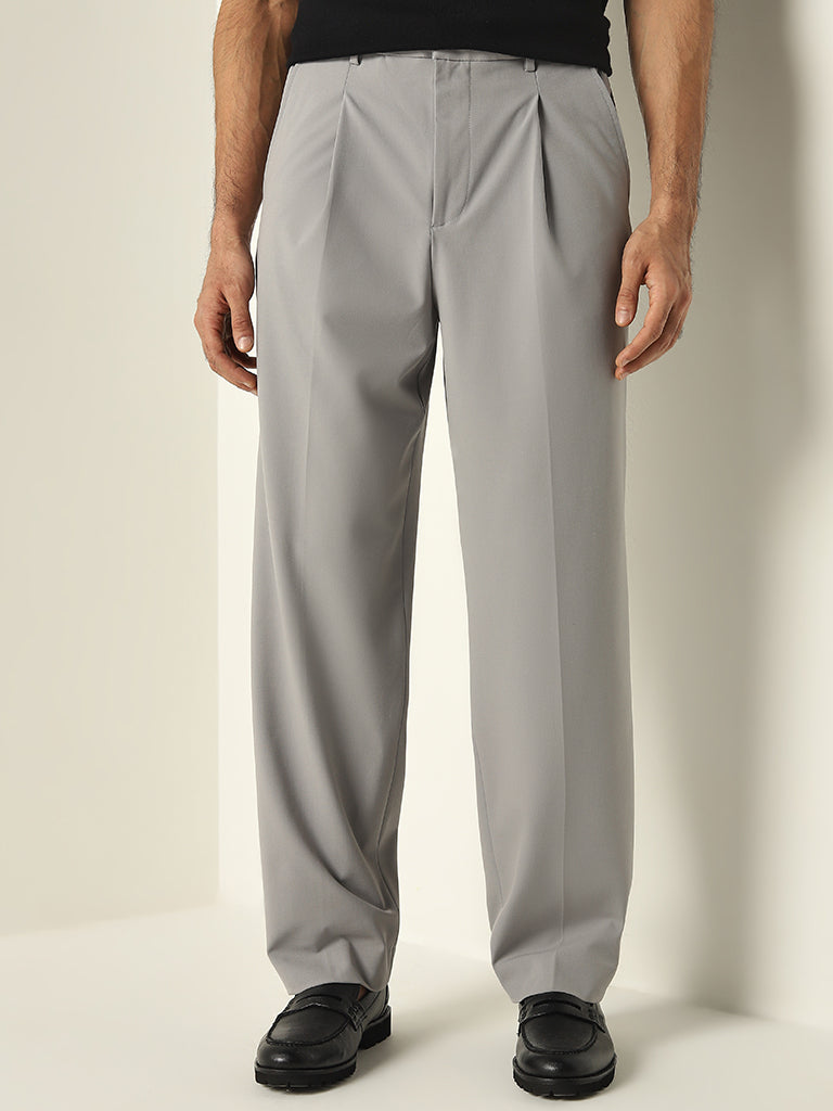 WES Formals Grey Relaxed-Fit Mid-Rise Trousers