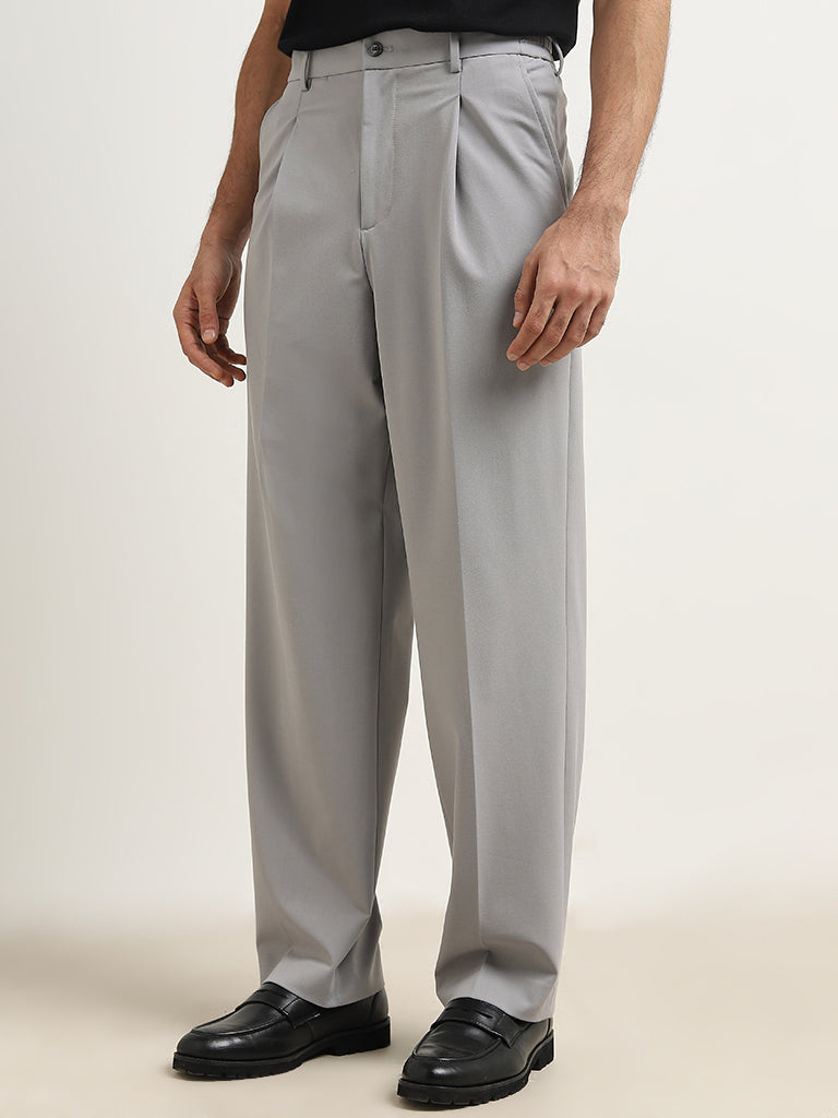 WES Formals Grey Relaxed-Fit Mid-Rise Trousers