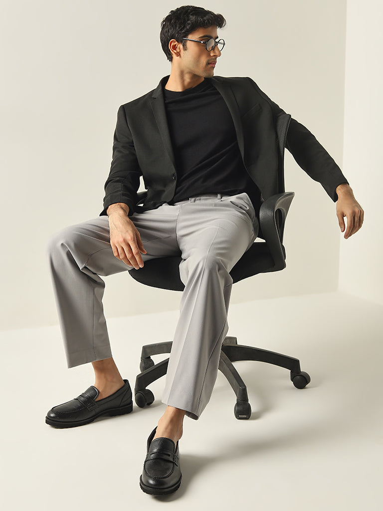 WES Formals Grey Relaxed-Fit Mid-Rise Trousers