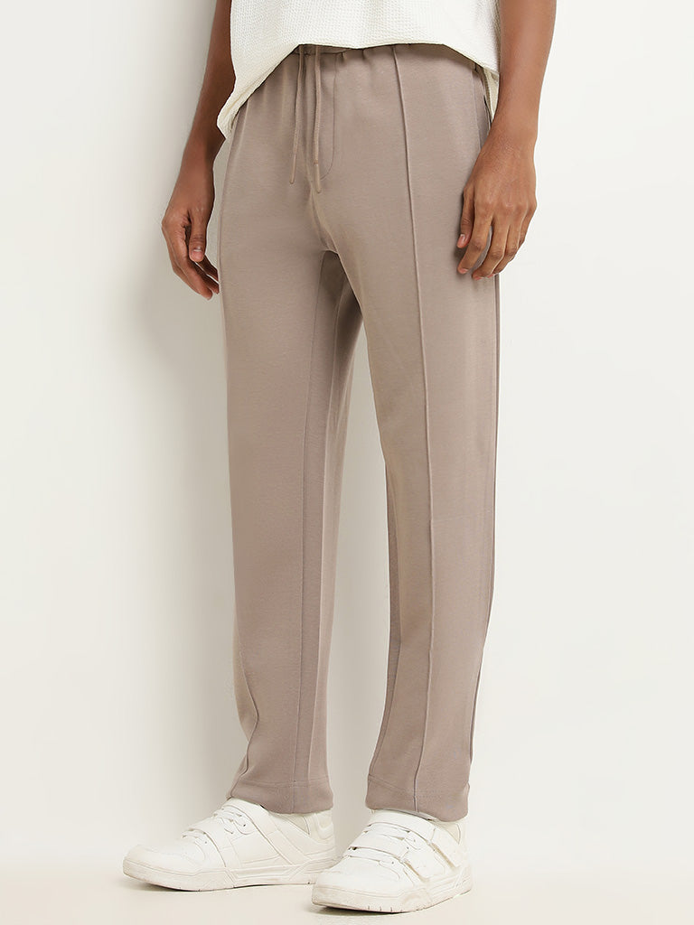 Studiofit Taupe Relaxed-Fit High-Rise Cotton Track Pants