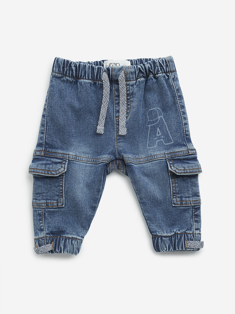 HOP Baby Dark Blue Washed Cargo-Style Relaxed - Fit Mid - Rise Jeans