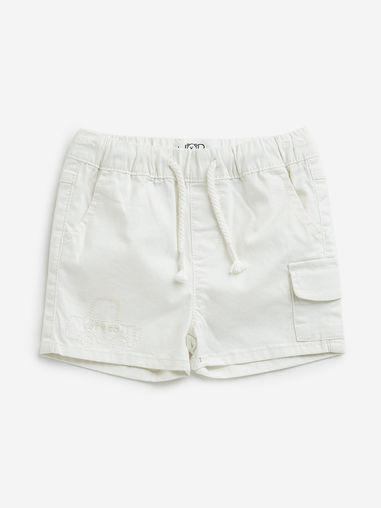 HOP Baby Off-White Embroidered Cotton Blend Shorts