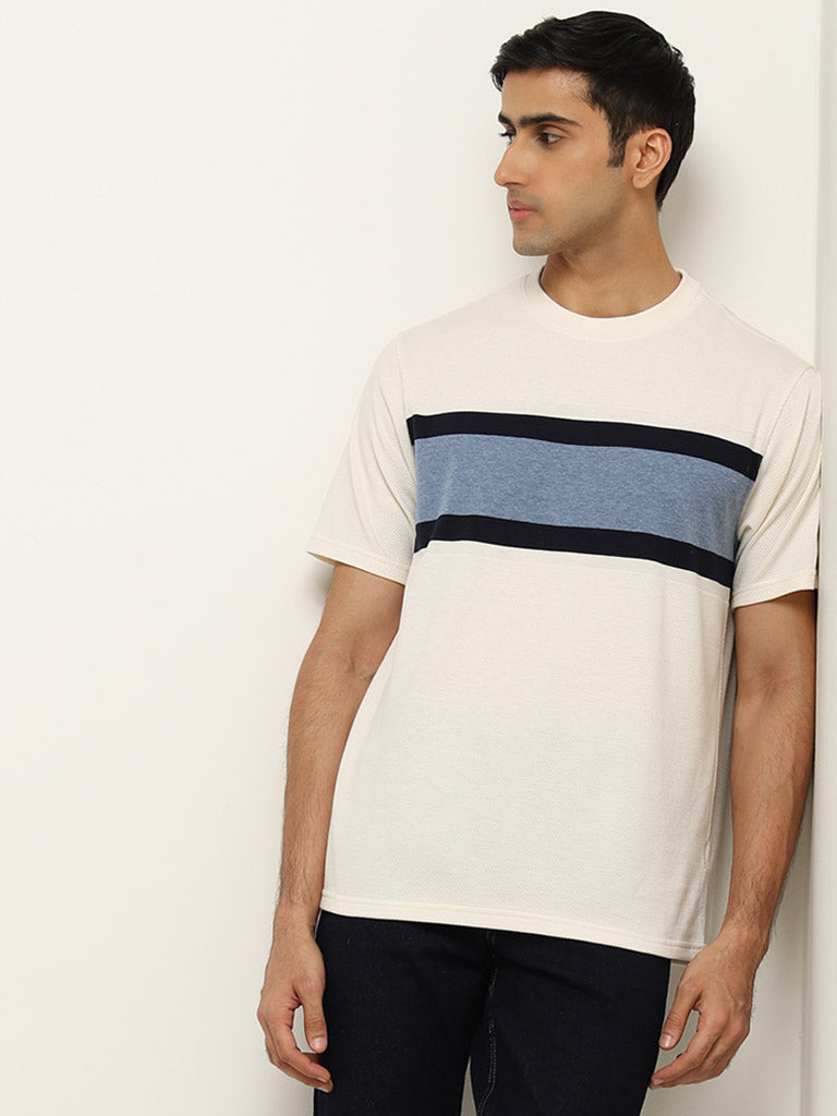 WES Lounge White Stripe Printed Cotton T-Shirt