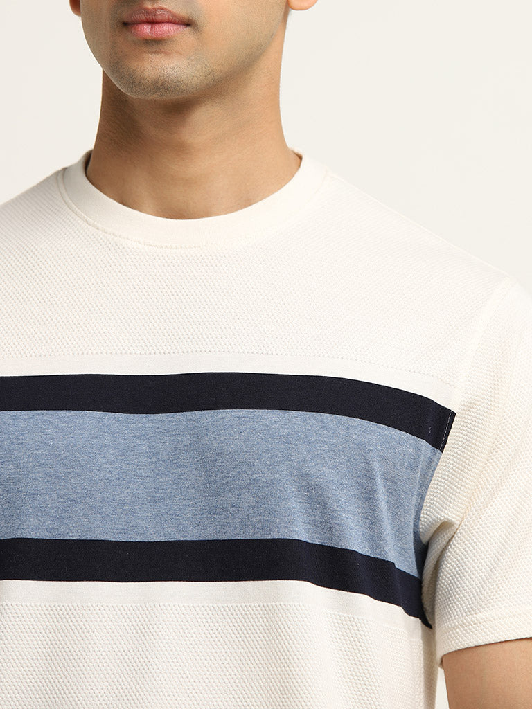 WES Lounge White Stripe Printed Cotton T-Shirt