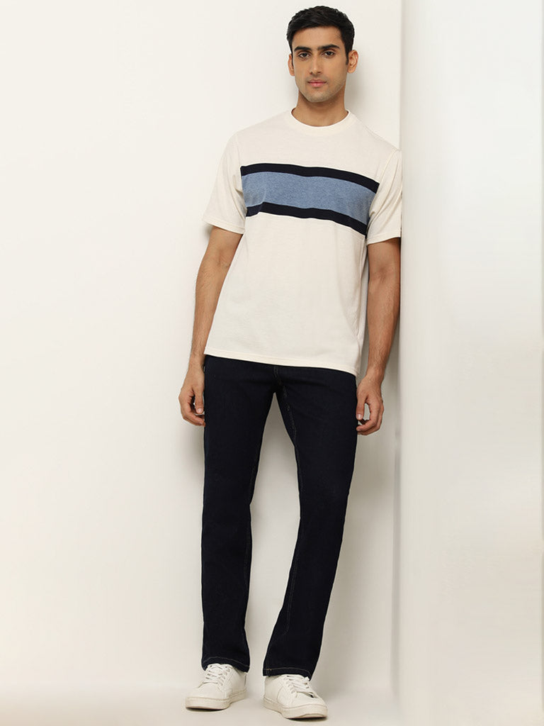 WES Lounge White Stripe Printed Cotton T-Shirt