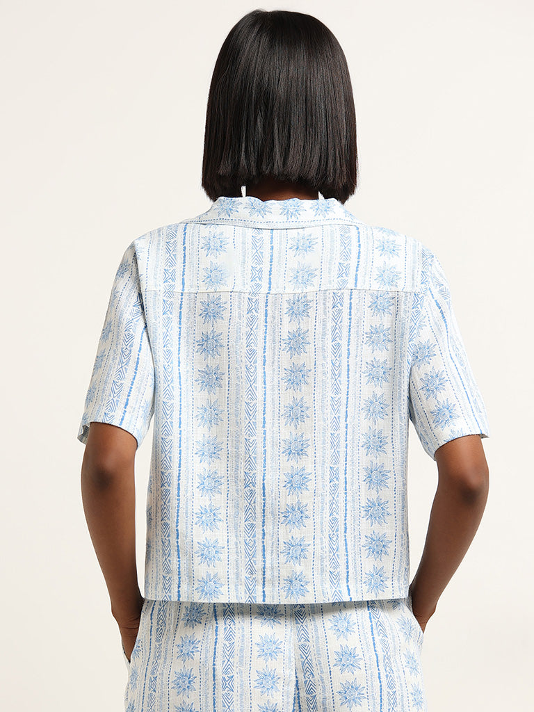 Nuon White & Blue Printed Blended Linen Shirt
