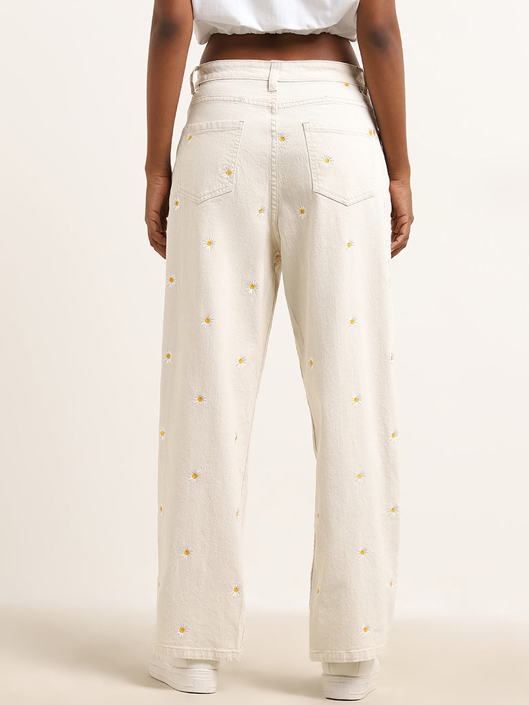 Nuon Off-White Embroidered Mid-Rise Straight Fit Jeans