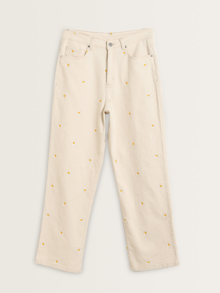 Nuon Off-White Embroidered Mid-Rise Straight Fit Jeans