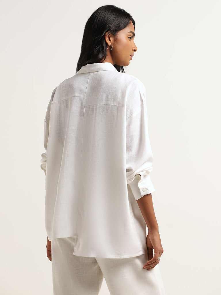 LOV White Embroidered Blended Linen Shirt
