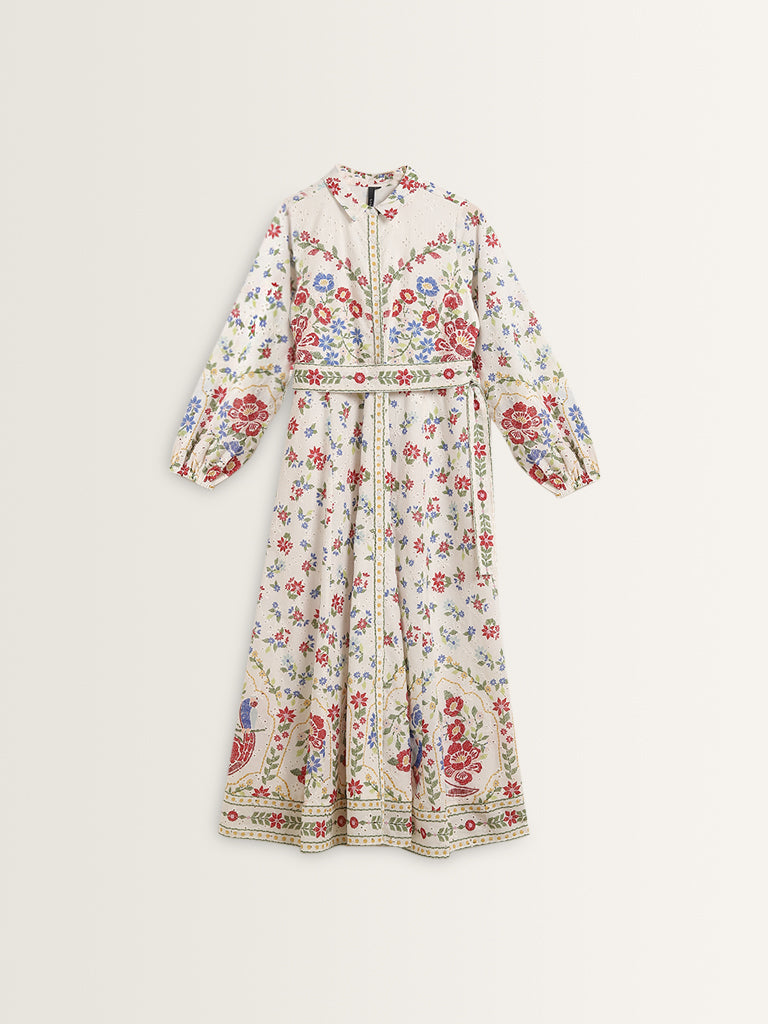 LOV White Floral Schiffli Design Cotton Shirt Dress with Belt