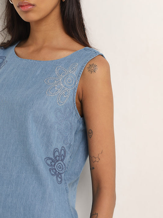 Bombay Paisley Blue Floral Embroidered Straight Denim Dress