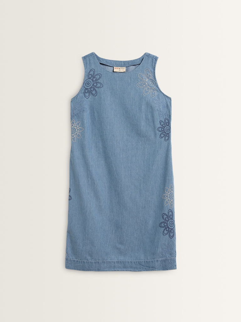 Bombay Paisley Blue Floral Embroidered Straight Denim Dress