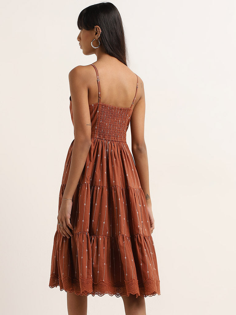 Bombay Paisley Rust Embroidered Tiered Cotton Dress