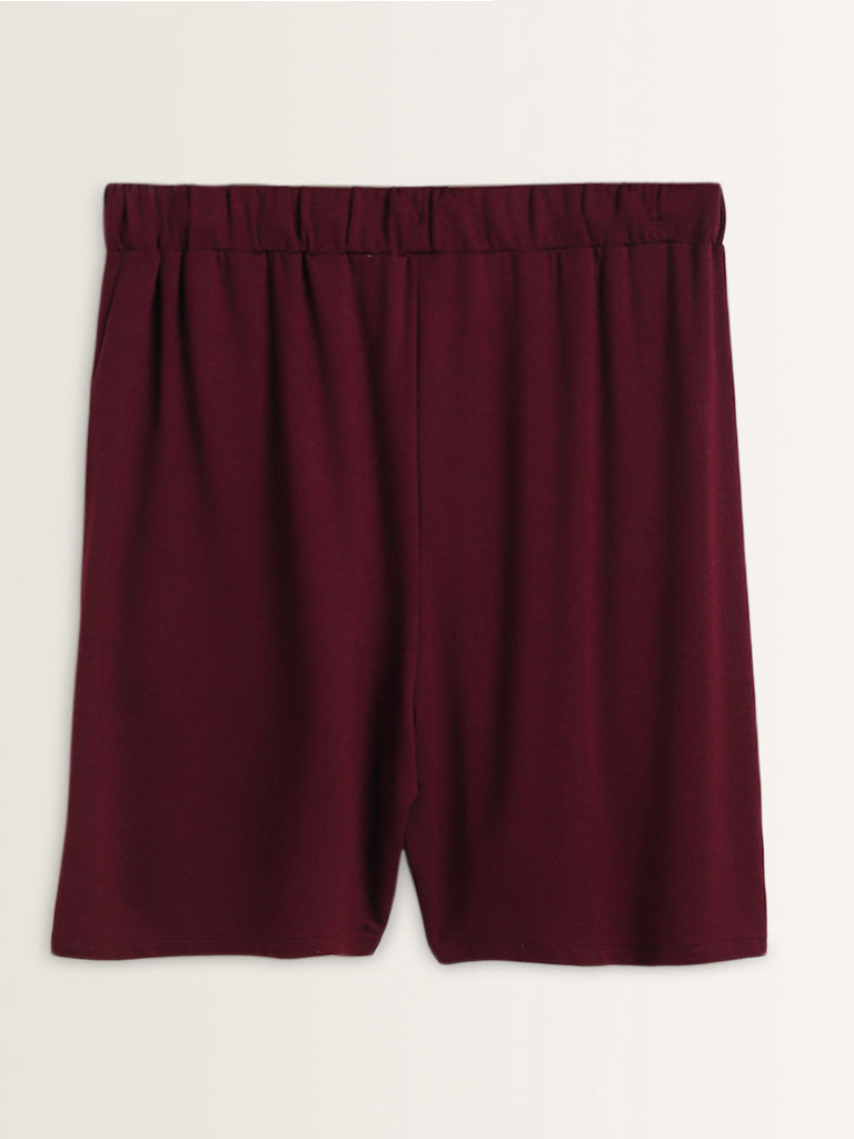 Buy Wunderlove Burgundy Relaxed Fit High Rise Shorts from Westside