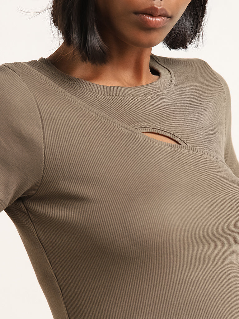 Studiofit Olive Cotton Blend Ribbed T-Shirt