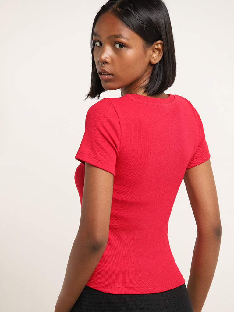 Studiofit Red Cotton Blend Ribbed T-Shirt