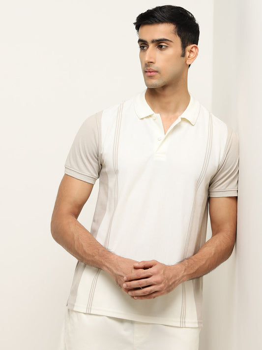 WES Casuals Beige Stripe Pattern Slim-Fit Polo T-Shirt