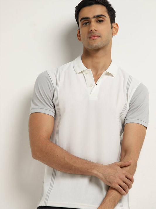 WES Casuals Light Grey Striped Slim-Fit Polo T-Shirt