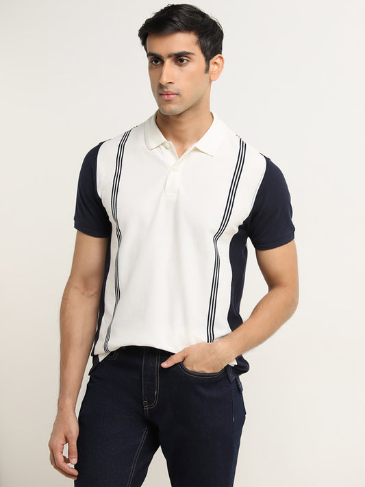 WES Casuals Navy Striped Design Slim-Fit Polo T-Shirt