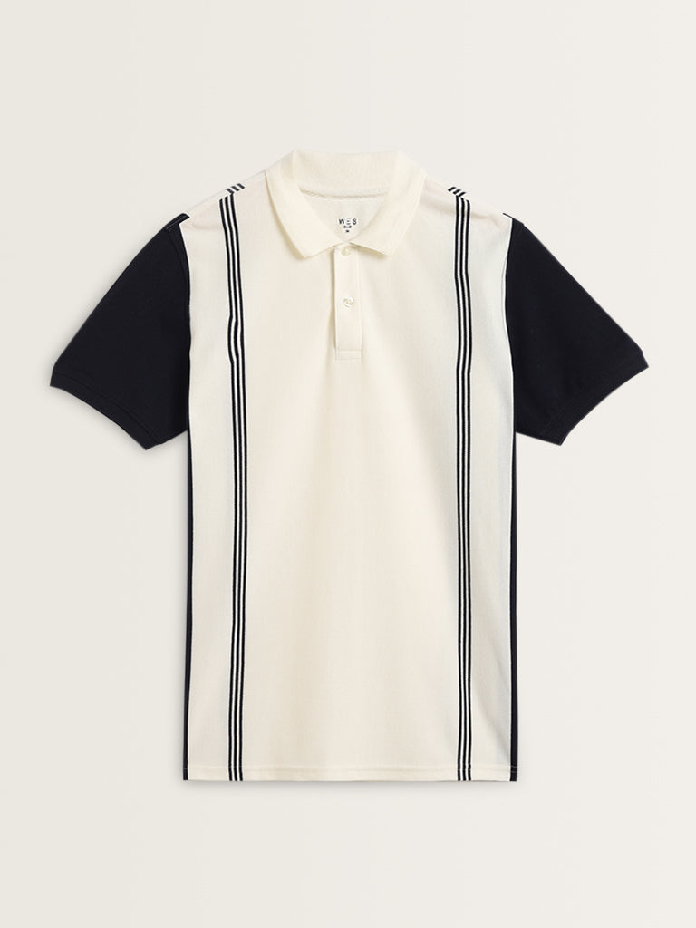 WES Casuals Navy Striped Design Slim-Fit Polo T-Shirt