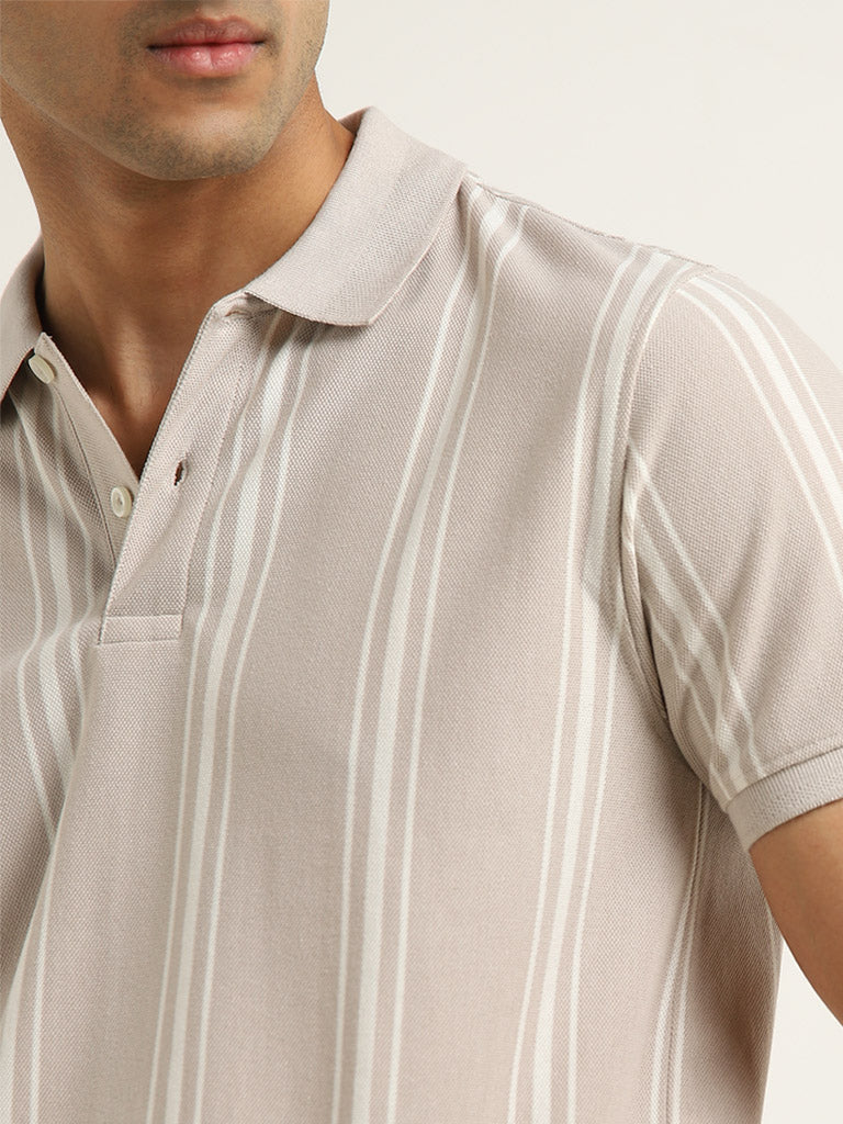 WES Casuals Beige Striped Slim-Fit Polo T-Shirt