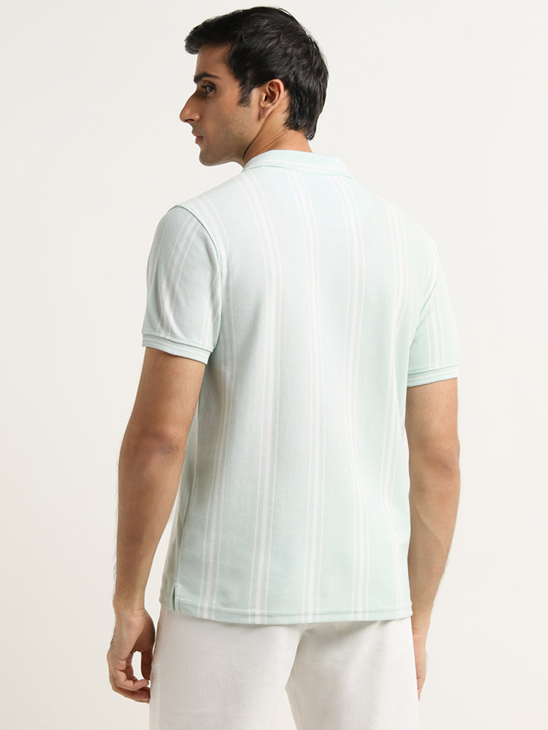 WES Casuals Mint Striped Slim-Fit Polo T-Shirt