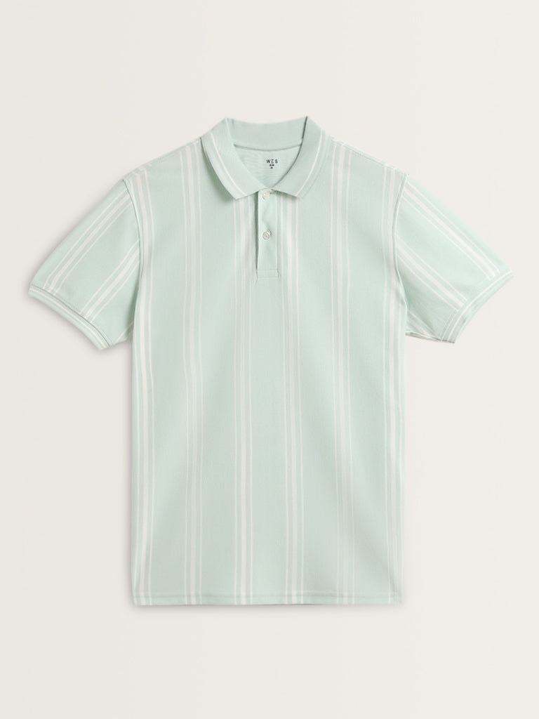 WES Casuals Mint Striped Slim-Fit Polo T-Shirt