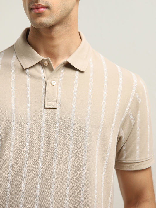 WES Casuals Light Brown Striped Relaxed-Fit Polo T-Shirt