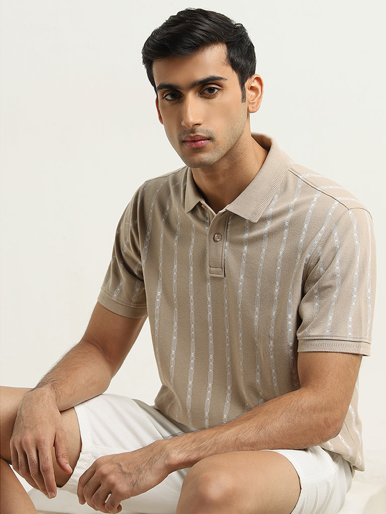 WES Casuals Light Brown Striped Relaxed-Fit Polo T-Shirt